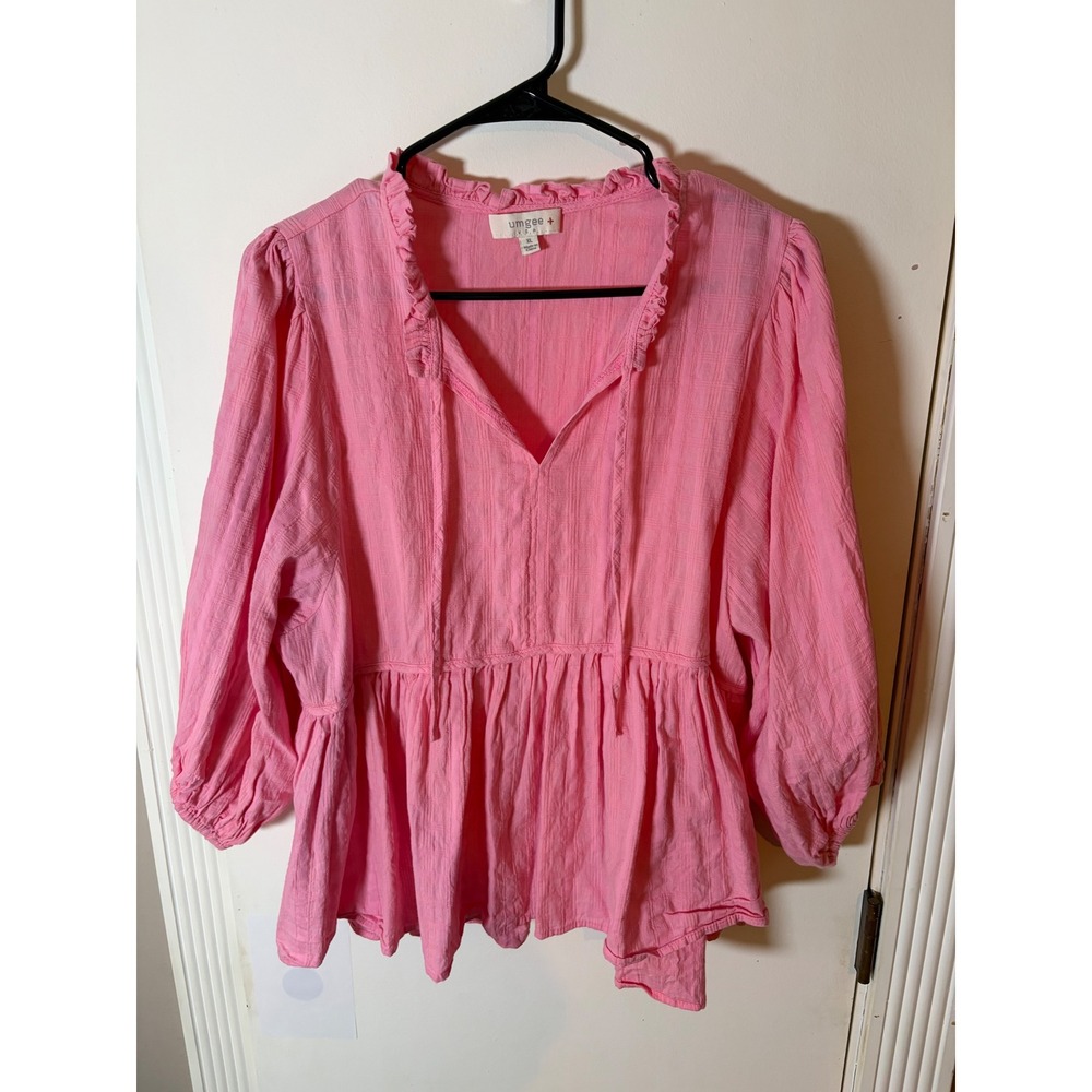 Umgee USA Pink Cotton Gauze Babydoll Top XL Ruffle Neck Peplum Blouse WK6634